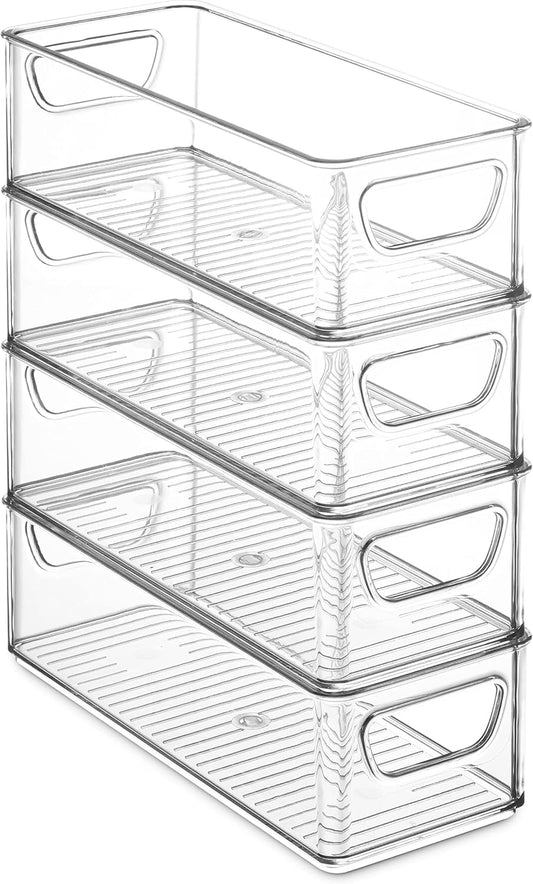 Set Of 8 Refrigerator Organizer Bins - Stackable Fridge Organizers with Cutout Handles for Pantry, Freezer, Kitchen, Countertops, Cabinets - Clear Plastic Food Storage Bins