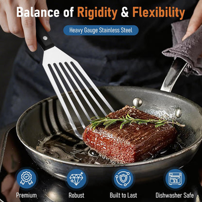 Joyfair Metal Fish Spatulas, 2 Pcs Stainless Steel Turner (ABS Handle) | Flexible Blade, Dishwasher Safe, Slotted Turner Utensil for Kitchen Cooking & Outdoor Griddle Grilling Flipping, Large&Small