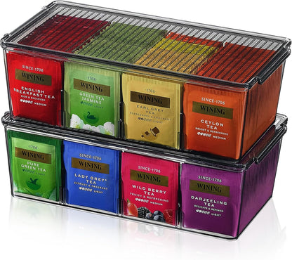 Lifewit Tea Bag Organizer with lids, Plastic Teabag Box with 16 Compartments, Stackable Divided Storage Containers for Cabinet, Pantry, Countertop, Sugar Packets, Clear, 29 cm/11.5 inch L, 2 Pack