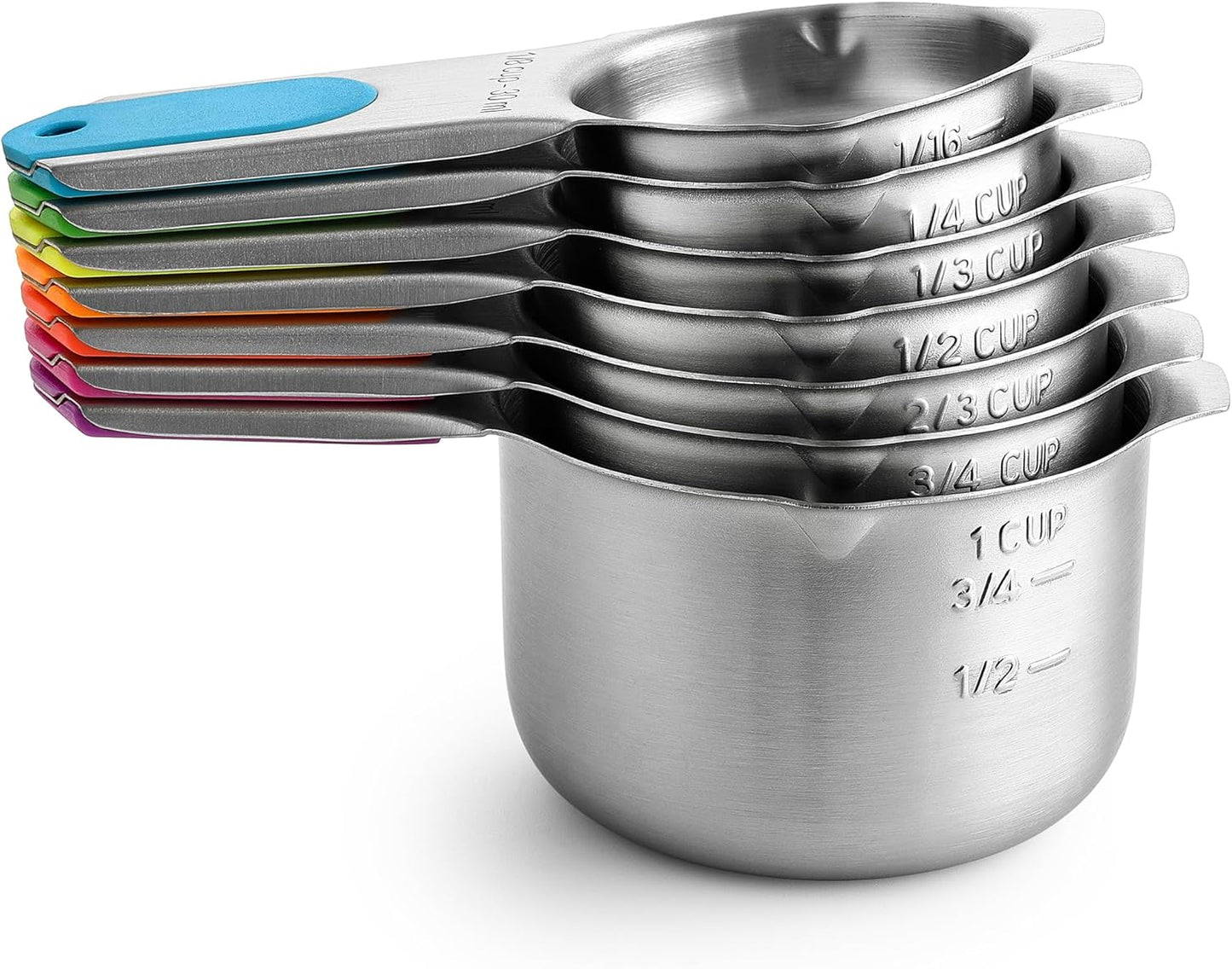 Spring Chef Stainless Steel Measuring Cups Set of 7 with Pour Spout - Nesting Kitchen Tools with Easy Read Markings to Measure Dry or Liquid Ingredients - Metal Measuring Cups for Baking & Cooking