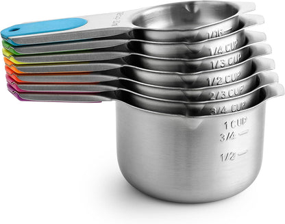 Spring Chef Stainless Steel Measuring Cups Set of 7 with Pour Spout - Nesting Kitchen Tools with Easy Read Markings to Measure Dry or Liquid Ingredients - Metal Measuring Cups for Baking & Cooking