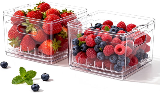 2 Pack Fruit Storage Containers for Fridge with Lid & Drain Basket | 3-in-1 Wash-Drain-Store – BPA-free clear containers keep berries/strawberries fresh, ready-to-eat in fridge.