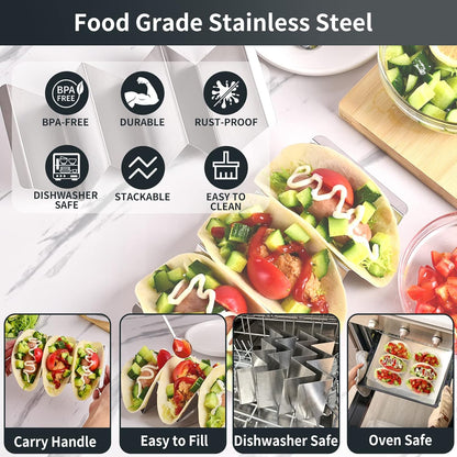Stainless Steel Taco Holders Set of 6 - Each Metal Taco Stands for 3 Tacos - Taco Rack with Handles - Stylish Taco Shell Holders - Oven & Dishwasher & Grill Safe Taco Trays