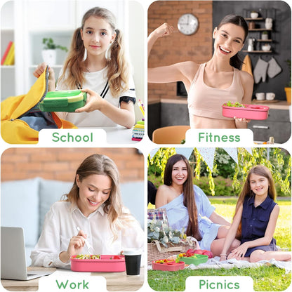 Lunch Box Kid Adult Bento Box, 4-Compartment Food Lunch Containers with Fork & Spoon, BPA Free, Leak-Proof Bento-Style Lunch Box for Work School, Microwave & Dishwasher Safe (Candy)