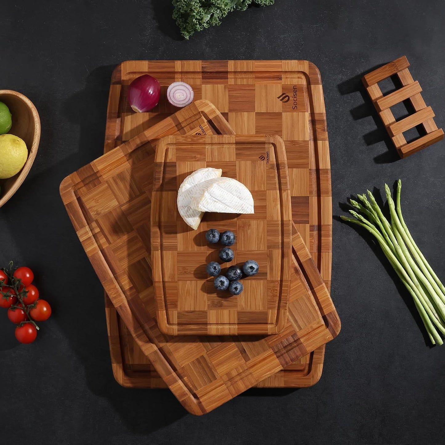3 Pack Bamboo Cutting Board Set Non Toxic Wooden Cutting Board for Kitchen Non Slip Solid End Grain Thick Wood Juice Groove Chopping Board Edge Grain Teak Smart Marble Flexible Round Stone Metal