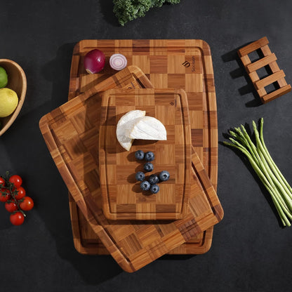 3 Pack Bamboo Cutting Board Set Non Toxic Wooden Cutting Board for Kitchen Non Slip Solid End Grain Thick Wood Juice Groove Chopping Board Edge Grain Teak Smart Marble Flexible Round Stone Metal