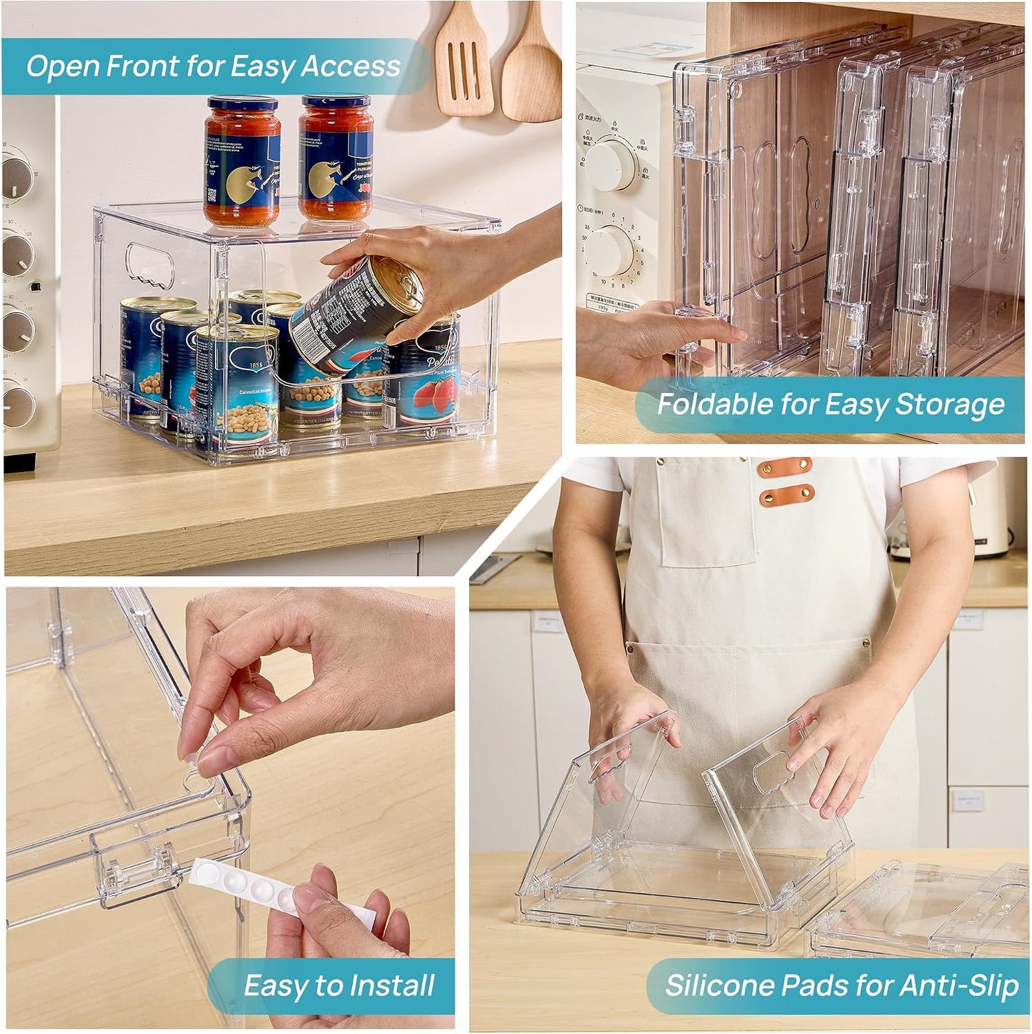Vtopmart 2 Pack Large Foldable Open Front Storage Bins with Lids for Potato and Onion, Stackable Clear Plastic Container Organizer for Pantry, Kitchen, Cabinet, Bathroom, Closet Organization