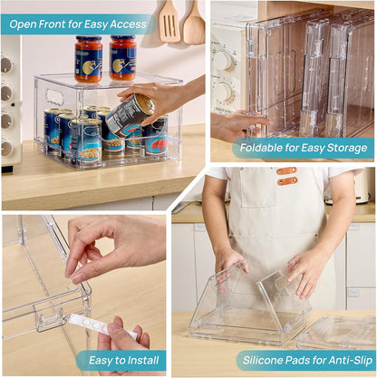 Vtopmart 2 Pack Large Foldable Open Front Storage Bins with Lids for Potato and Onion, Stackable Clear Plastic Container Organizer for Pantry, Kitchen, Cabinet, Bathroom, Closet Organization