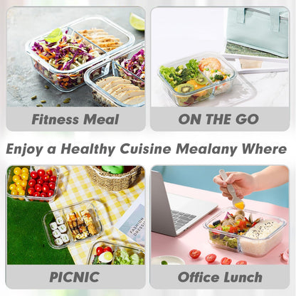VERONES 10 Pack Glass Meal Prep Containers 2 Compartment Set, 30 OZ Airtight Glass Lunch Containers, Food Storage Containers with Lids, for Microwave, Oven, Freezer & Dishwasher Friendly，Red