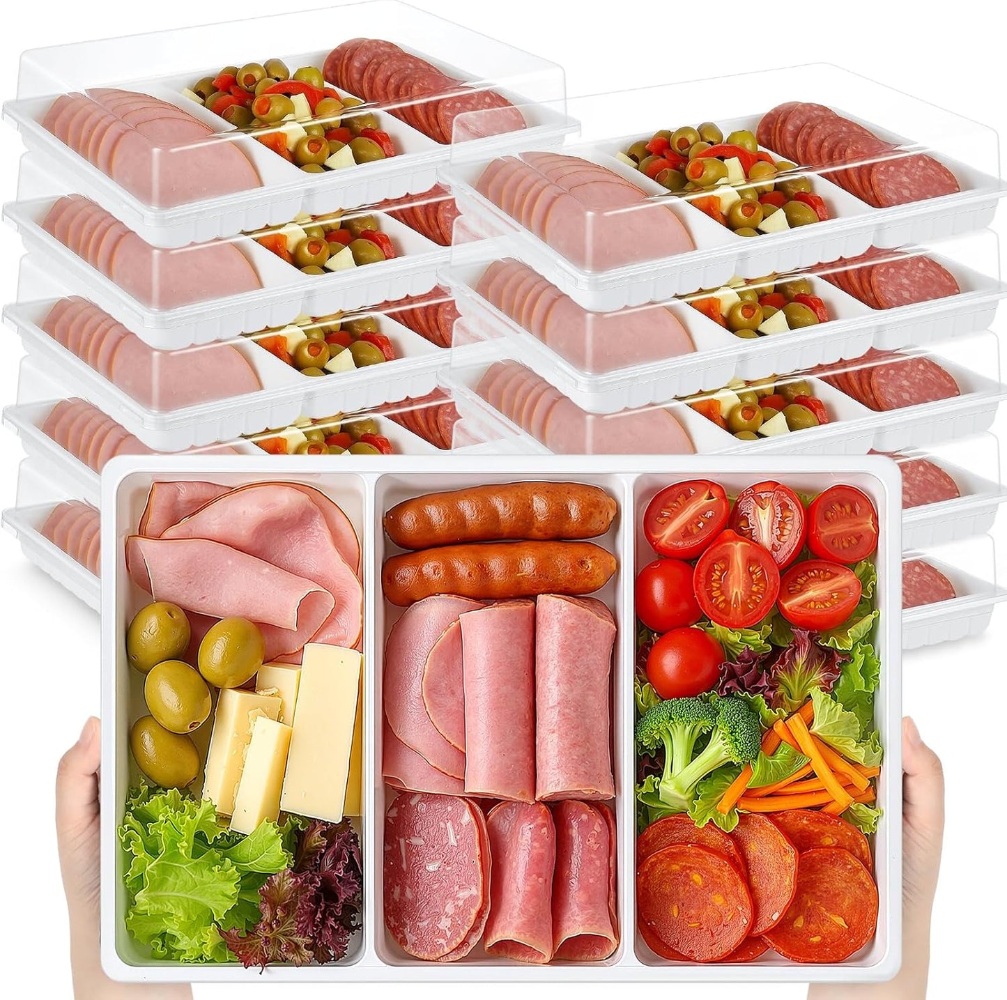 Shellwei 5 Pack Extra Large Charcuterie Board with Lid 15 x 10 Inch 3 Section Divided Catering Trays with Lids Large Disposable Travel Catering Serving Trays Platter (White)