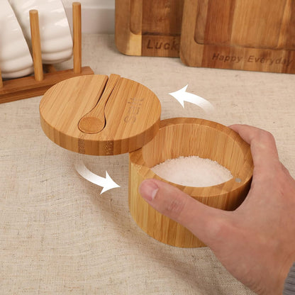 HTB Bamboo Salt Cellar with Mini Spoon and Magnetic Swivel Lid