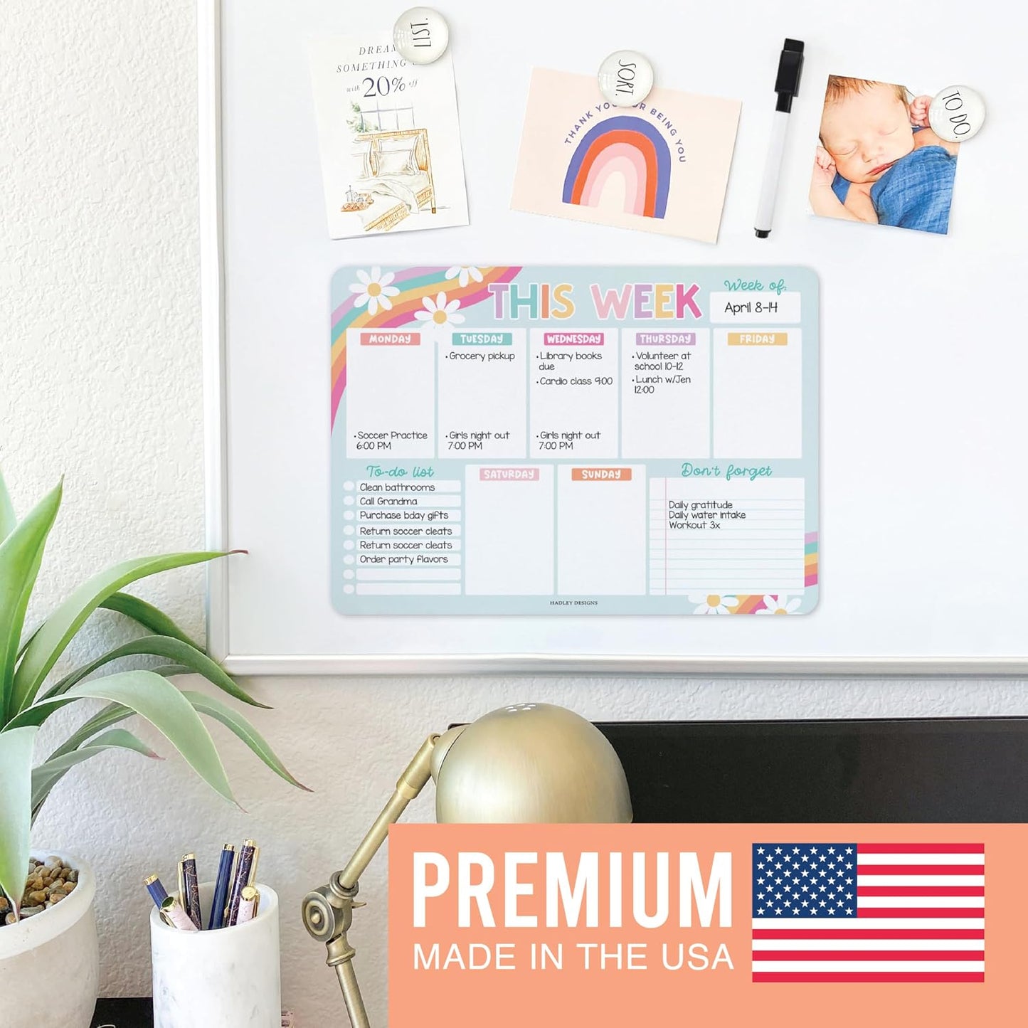 Hadley Designs Weekly Magnetic Calendar for Refrigerator, Dry Erase Board for Fridge, Magnetic Weekly Planner for Kitchen, Reusable Schedule Organizer (Retro)