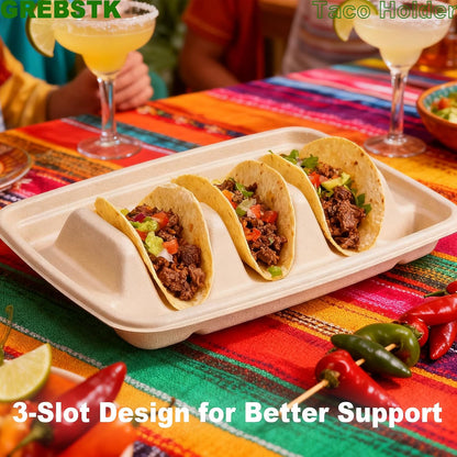 GREBSTK 30 Pack Disposable Taco Holders, Compostable Bagasse Pulp Taco Plates with 3 Dividers for Taco Tuesday Party, Lazy Susan Bar Serving Set for Tacos, Hot Dogs, Sandwiches