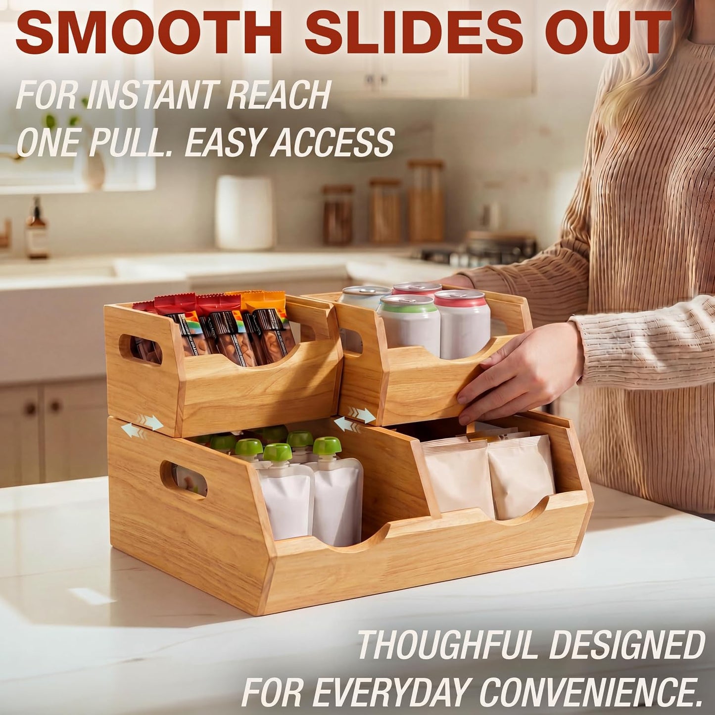 HOMESTEAD Stackable Solid Wood Storage Bins for Kitchen Pantry & Countertop, Ventilated Potato and Onion Basket Organizer with Handles, Wooden Produce Storage Containers, 3-Pack, Chestnut Finish