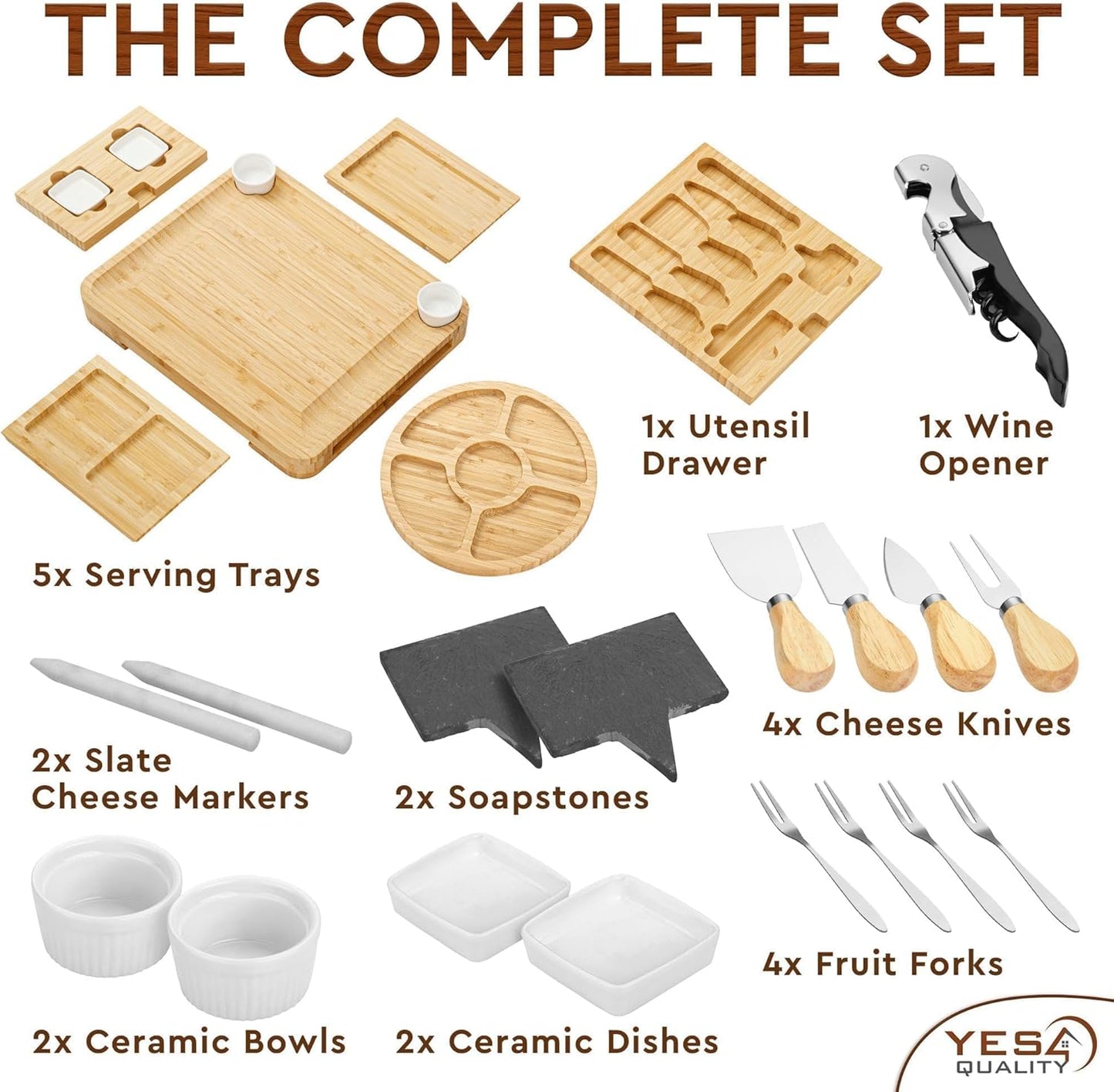 Charcuterie Boards Cheese Board Premium Gift Set - 23 Pieces, Bamboo - Large Size Plus Fruit Tray with Utensil Drawer, Knives, Forks, Wine Opener for Birthday Present, Housewarming, Wedding Shower