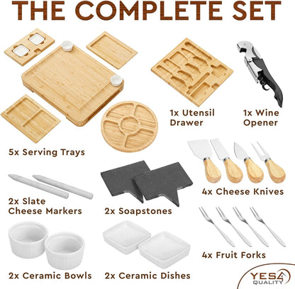 Charcuterie Boards Cheese Board Premium Gift Set - 23 Pieces, Bamboo - Large Size Plus Fruit Tray with Utensil Drawer, Knives, Forks, Wine Opener for Birthday Present, Housewarming, Wedding Shower
