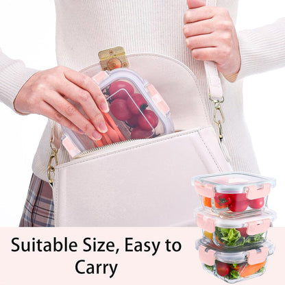 Bariatric Meal Prep Containers 3 Pack, 8 oz Portion Control Containers for Bariatric Meals with Two 4 oz Compartments, Reusable Glass Snack Food Containers with Lids (Pink)