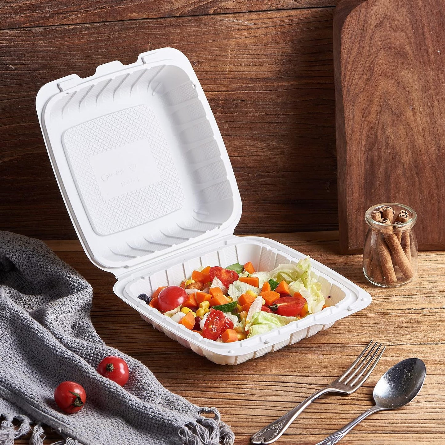 8X8 3-Compartment 50-Pack Plastic Clamshell Takeout Food Trays Heavy Duty Togo Disposable Box Carryout Meal Prep Packaging Catering Hinged Containers With Secure Snap Lid (Formerly FULING)