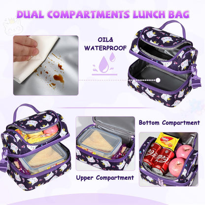 Lunch Bag for Girls,ChaseChic Insulated Lightweight Lunch Boxes for Kids Boys Dual Compartment Lunch Organizer Leak-Proof Cooler Bag with Detachable Adjustable Shoulder Strap,Purple Butterflies