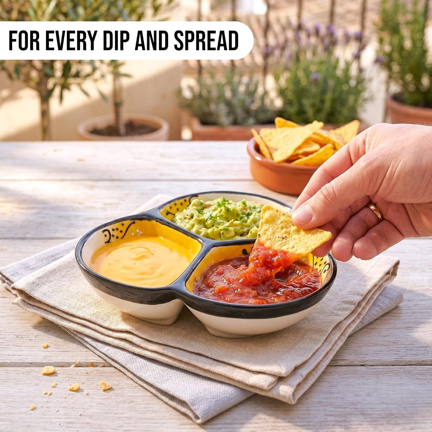 Ceramic Chip & Dip Bowl 7.5”, 3-Compartment Divided Serving Dish & Condiment Tray for Appetizers – Handmade in Spain, Lead-Free Glaze, Microwave, Oven & Dishwasher Safe