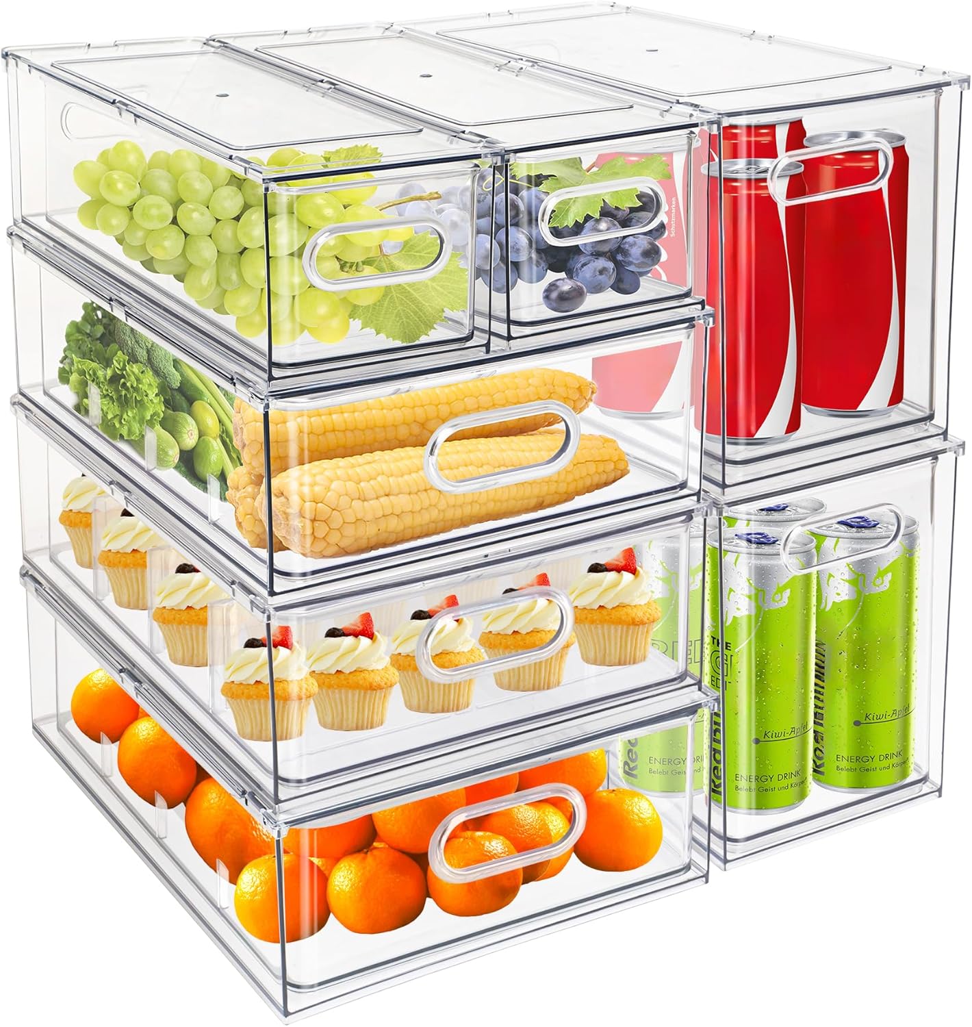 3Pack Fridge Organizer Drawer Divider Cube Pull-Out Bins Clear Food Container Refrigerator Storage box Produce Saver for Pantry Kitchen Cabinet