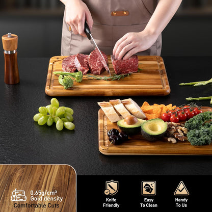4 Pack Teak Wood Cutting Board Set for Kitchen Heavy Duty Non Toxic Non Slip Solid Thick Wood Haus Chopping Board Extra Large Big Small Meat Best Essential House Warming Hostess Host Gift