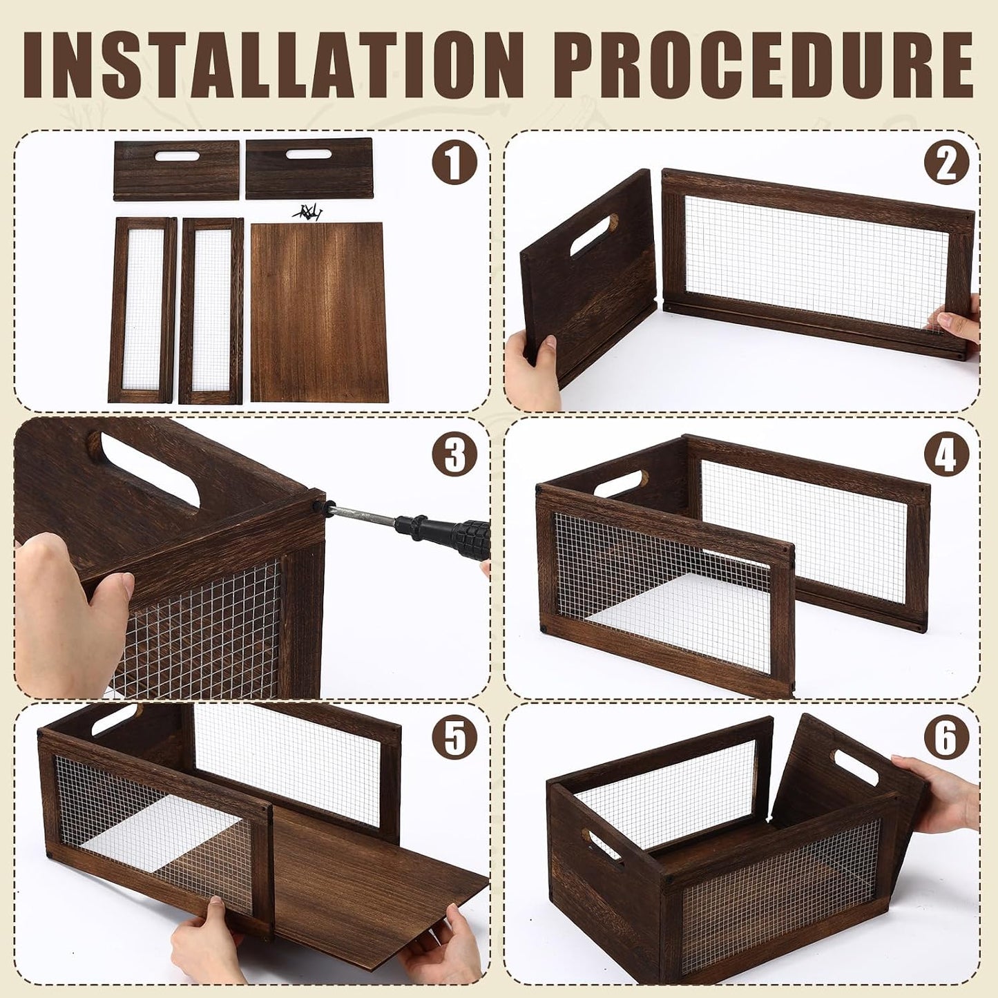 3 Pcs Wooden Countertop Baskets for Kitchen Bathroom, Easy Self-assembly Rustic Nesting Boxes with Handle and Wire Mesh, Multipurpose Wooden Crates for Fruit, Include Screws (3 Size,Dark Brown)