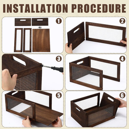 3 Pcs Wooden Countertop Baskets for Kitchen Bathroom, Easy Self-assembly Rustic Nesting Boxes with Handle and Wire Mesh, Multipurpose Wooden Crates for Fruit, Include Screws (3 Size,Dark Brown)