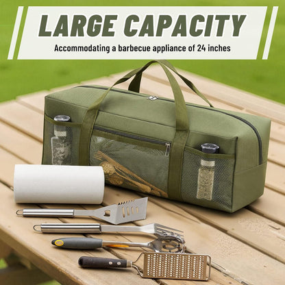 24" Grill Tool Storage Bag, Heavy Duty Waterproof BBQ Tools Bag, 24" x 8" x 8", Large Grill Utensil Storage Caddy with Pockets, BBQ Accessories for Outdoor Barbecue, Camping, Hiking(Green)