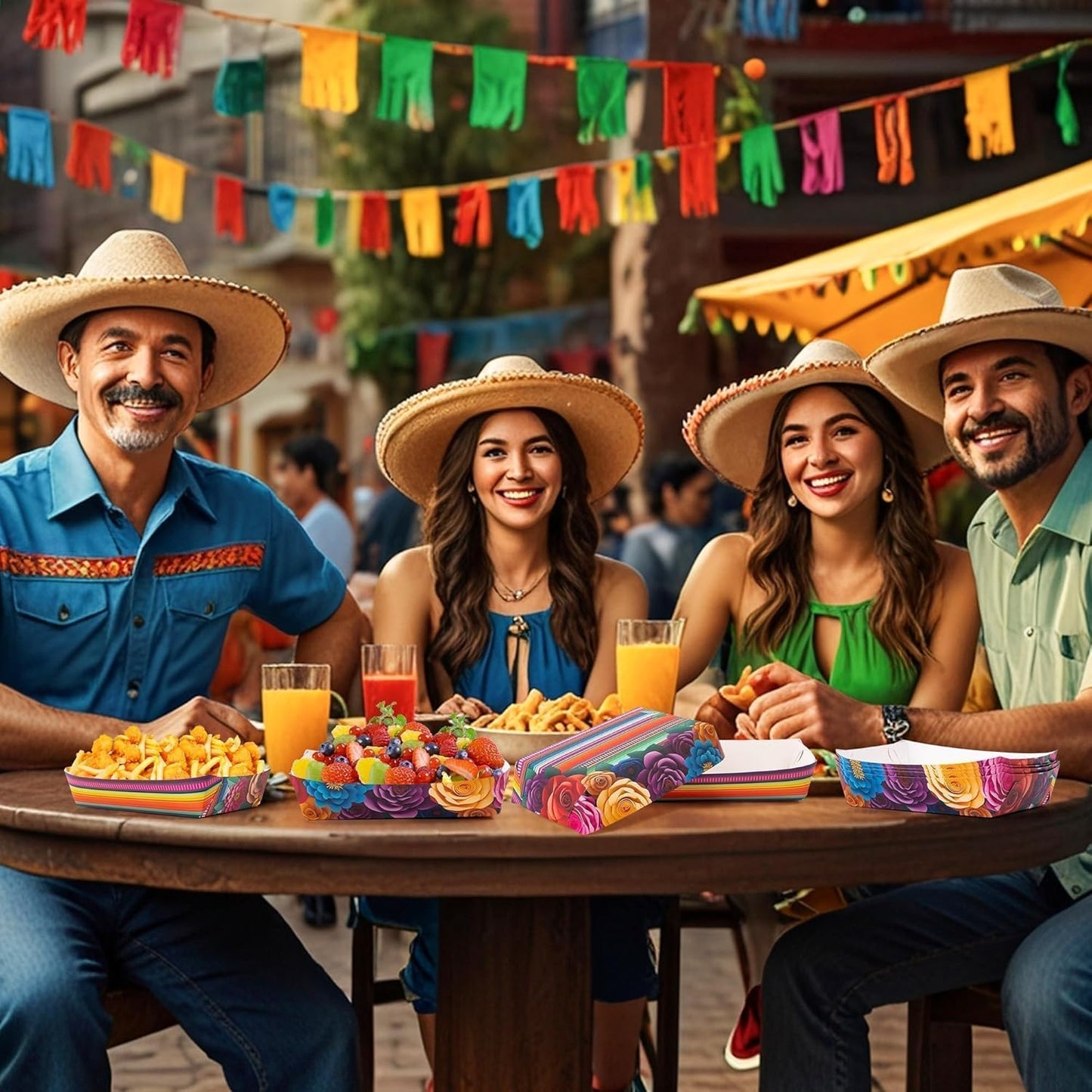 Mexican Taco Nights Food Trays - 60Pcs Mexican Flowers Wavy Edge Unassembled Tray Nacho Snack Candy Holder Disposable Paper Plate Holiday Birthday Carnival Party Supplies Food Container
