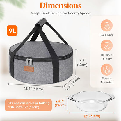 Lifewit Insulated Single Decker Round Casserole Carrier, Portable Pie Carrier Bag for Hot or Cold Food, Fits 12.5" Baking Dish, Thermal Lunch Tote for Potluck Parties, Picnic and Cookouts, Grey