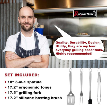 ROMANTICIST 4pc Heavy Duty Grill Accessories for Top Chef - Professional Grill Tools Set & Basic BBQ Tools for Backyard Restaurant Outdoor Kitchen - Deluxe Grill Gift for Dad on Father’s Day Christmas