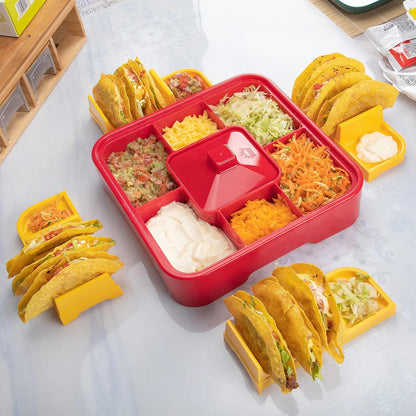 Taco Tuesday Kit-Taco Bar Serving Set for a Party with 4 personal Taco Holders,Taco Night for Burritos,Nachos,7 compartments,Perfect for Parties,Nacho Taco Night Fiesta Unique Couple&Housewarming Gift