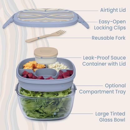 Bentgo Glass Salad Container - 7.6-Cup Salad Bowl with Airtight Lid, Leak-Proof Sauce Container, 4-Compartment Bento Tray & Reusable Fork - BPA-Free for Meal Prep, Office & More (Light Blue)