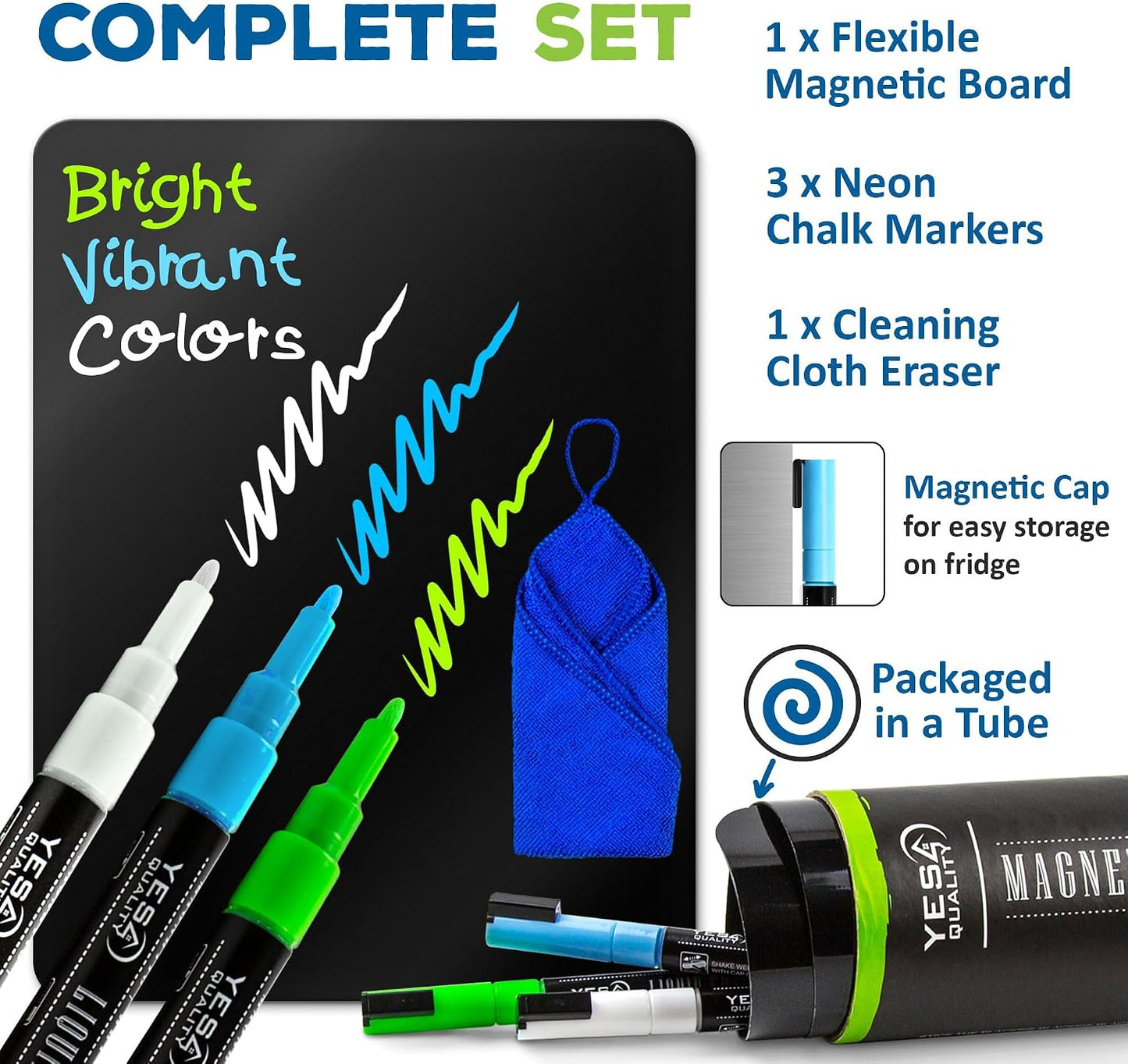 Magnetic Black Dry Erase Board for Fridge (12 x 8 inch), Stain-Resistant w/ 3 Magnetic, Fine-Tip Neon Chalk Markers & Eraser by Yes4Quality