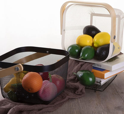IBWell Square Metal Wire Woven Fruit Storage Bowl Basket with Wooden Handle, Large Black Mesh Fruit Stand, Multi-function Hanging Kitchen Baskets (White, Normal)