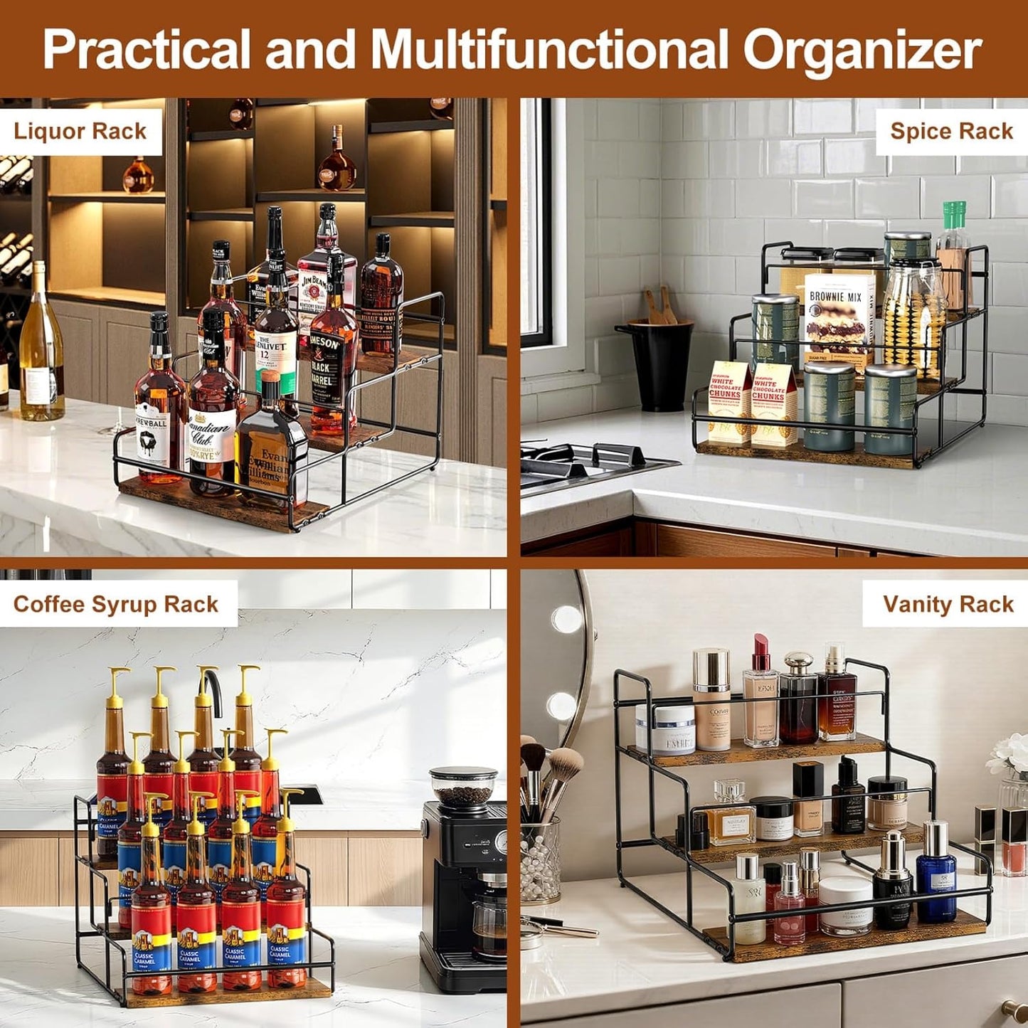Nuovoware 3-Tier 12 Bottles Coffee Syrup Organizer, Separable Metal Rack with Wooden Base Whiskey Wine Dressing for Bar Countertop Kitchen