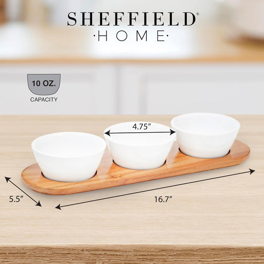 Sheffield Home 10oz Wooden Chip and Dip Serving Set - Chips and Dip Platter with Removeable Dip Bowls - Chip and Dip Serving Dish & Condiment Tray for Barbecues, Buffets and Parties