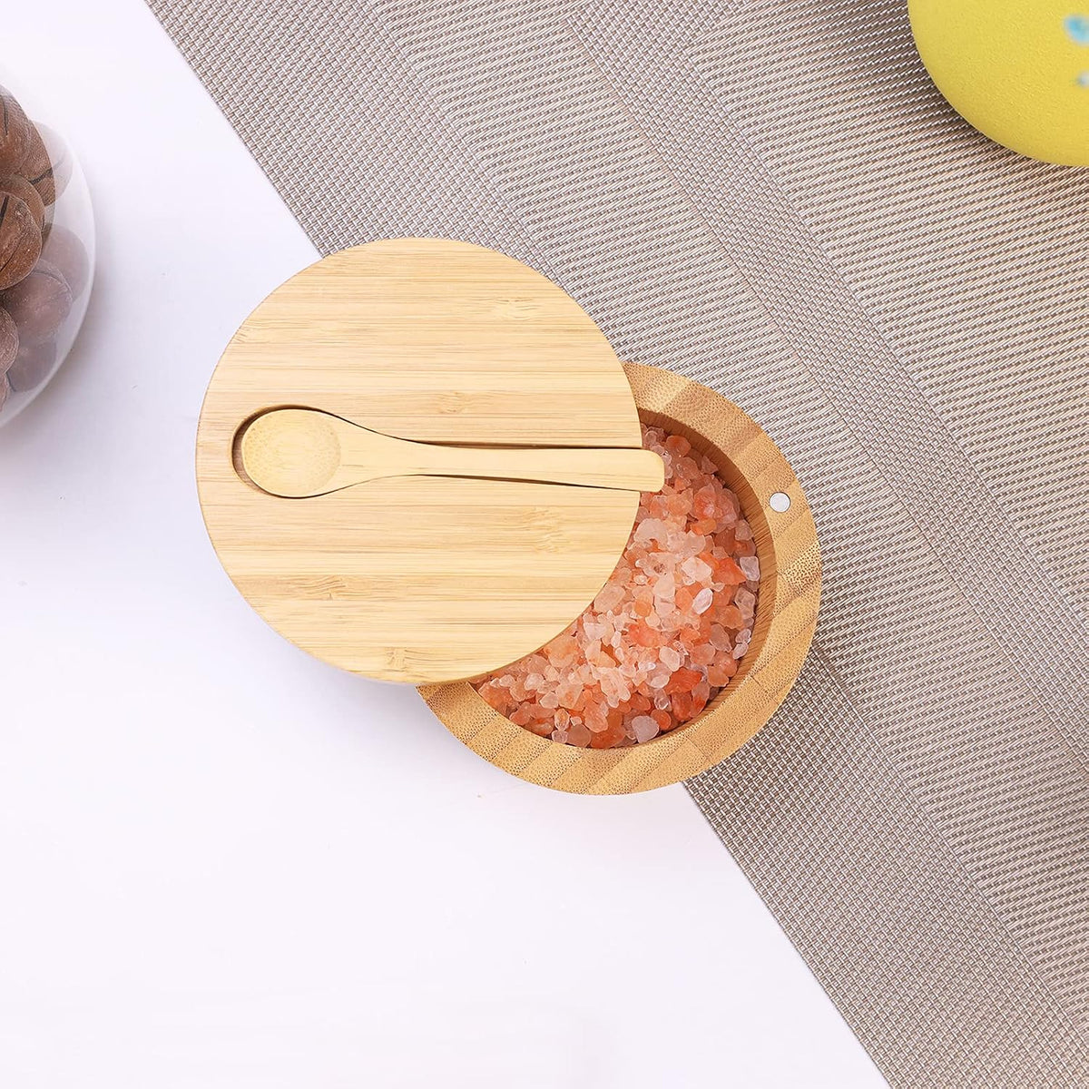 HTB Bamboo Salt Cellar with Mini Spoon and Magnetic Swivel Lid