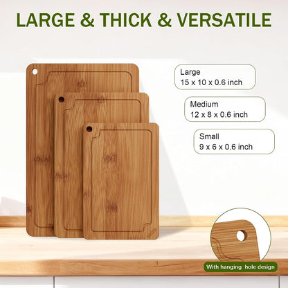 Bamboo Cutting Boards for Kitchen, Wood Cutting Board Set with Juice Grooves & Built-in Handles, Large Medium Small Chopping Board for Meat, Vegetables, Fruit