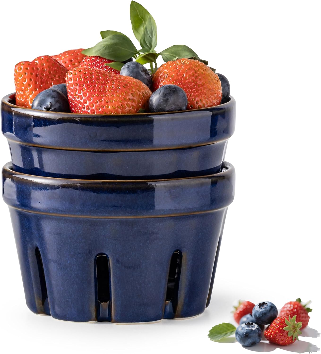 Gomakren Berry Bowls with Holes Ceramic, Berry Washing Bowl Basket Set of 2, 5.8 Inch Round Fruit Bowl Storage Containers, Strawberry Baskets, Farmhouse Kitchen Decor, Yellow + Brown