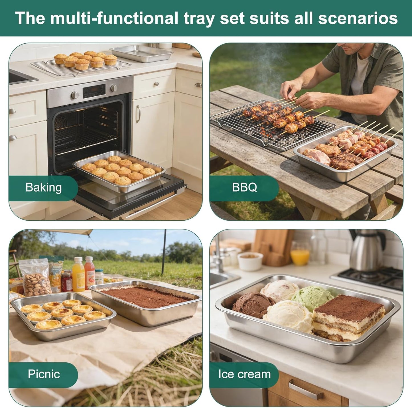 Stainless Steel BBQ Grilling Prep and Serve Tray Set, Food Preparation Container with Lid, Cutting Board, Wire Rack and Marinade Pan for Outdoor Cooking,Grill Gifts for Grill Lovers
