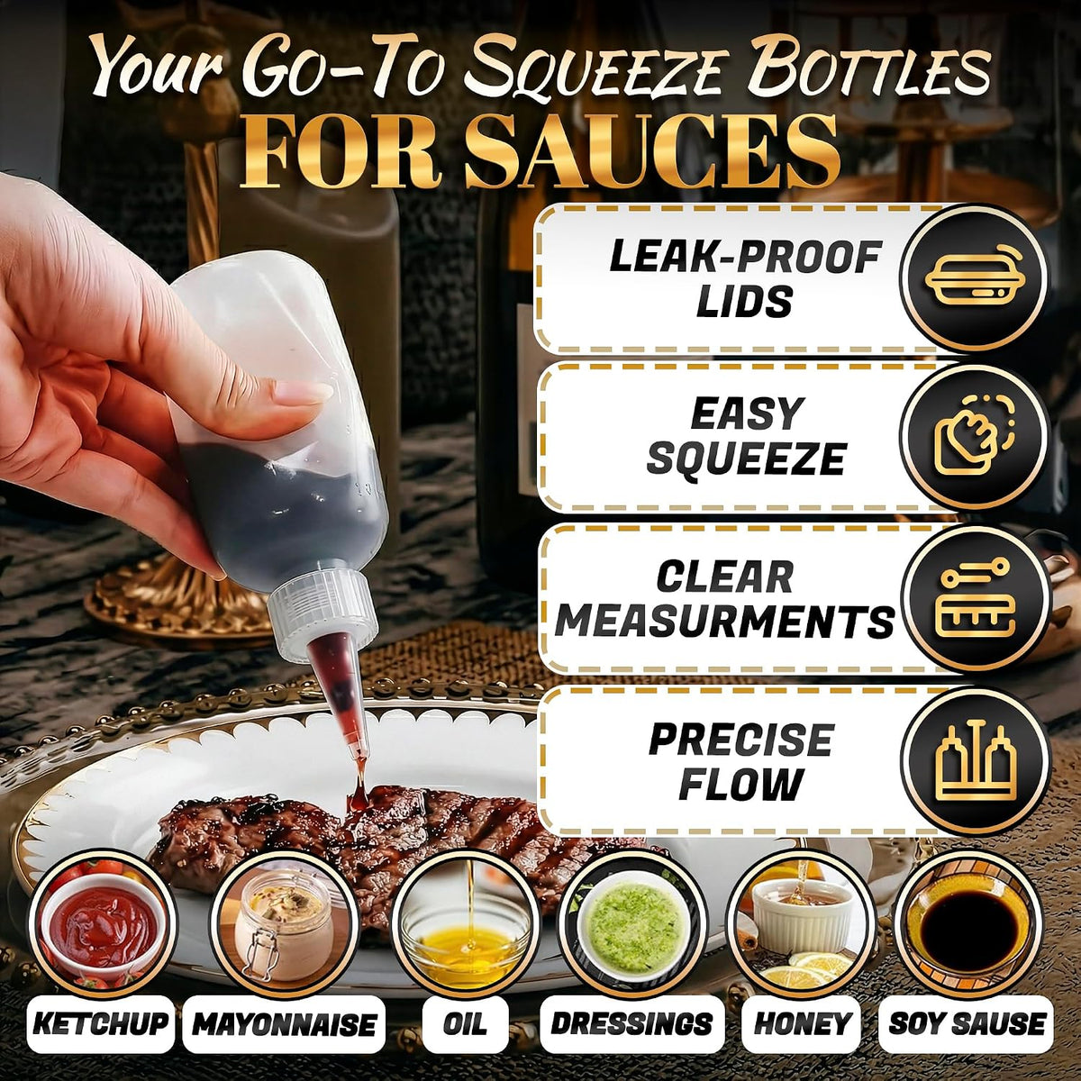 HYQO Small Squeeze Bottles for Sauces, 4 Oz Plastic with Cuttable Tip