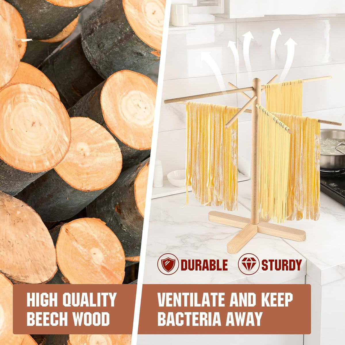 Pasta Drying Rack, Collapsible Wooden Pasta Drying Rack with 8 Bar