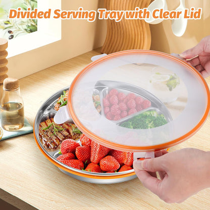 Divided Serving Tray with Lid SUS 304 Snackle Box Reusable Veggie Tray Serving Plate with 4 Forks Stainless Steel Snack Platter for Picnic Party and Travel 5 Compartments