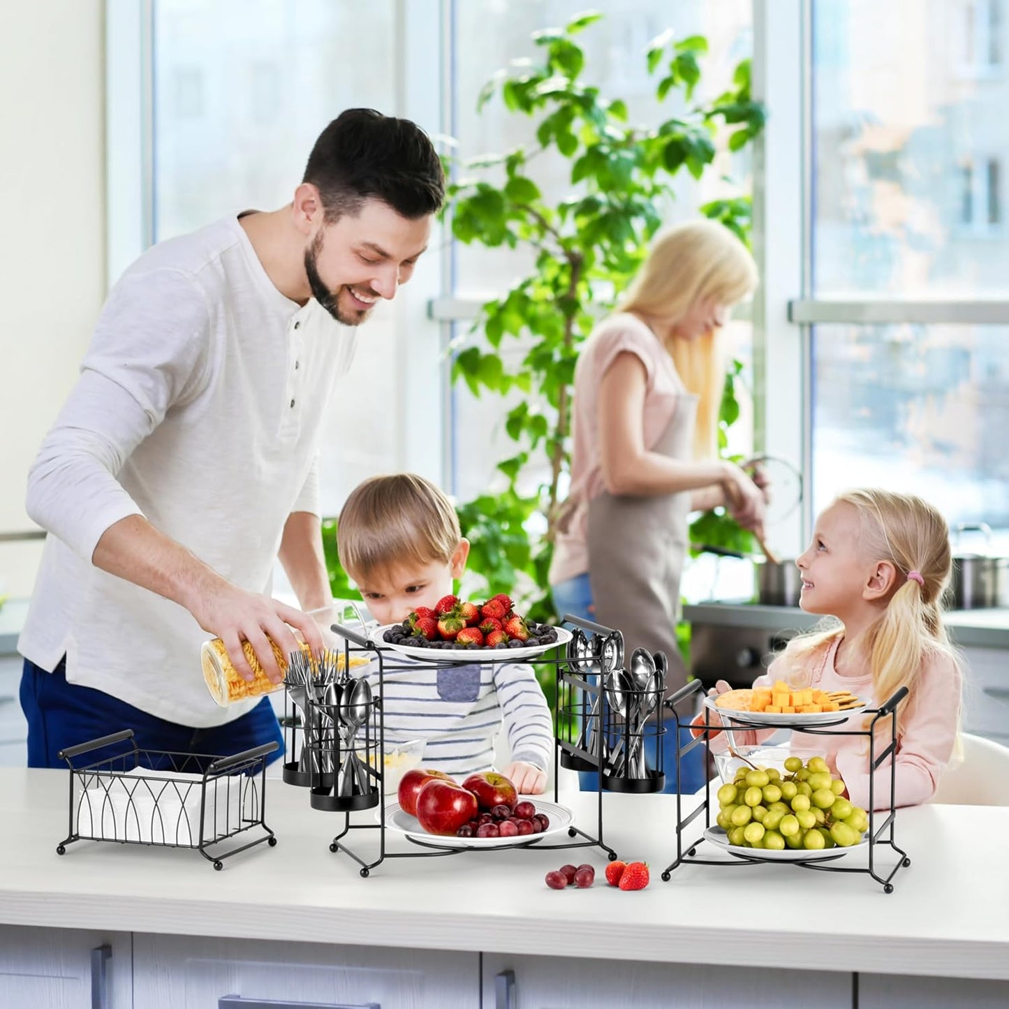 Sorbus® Buffet Caddy — 7-Piece Stackable Set Includes Plate, Napkin, and Silverware Holder, 3-Tier Detachable Tabletop Organizer — Ideal for Kitchen, Dining, Entertaining, Parties,Thanksgiving (Black)