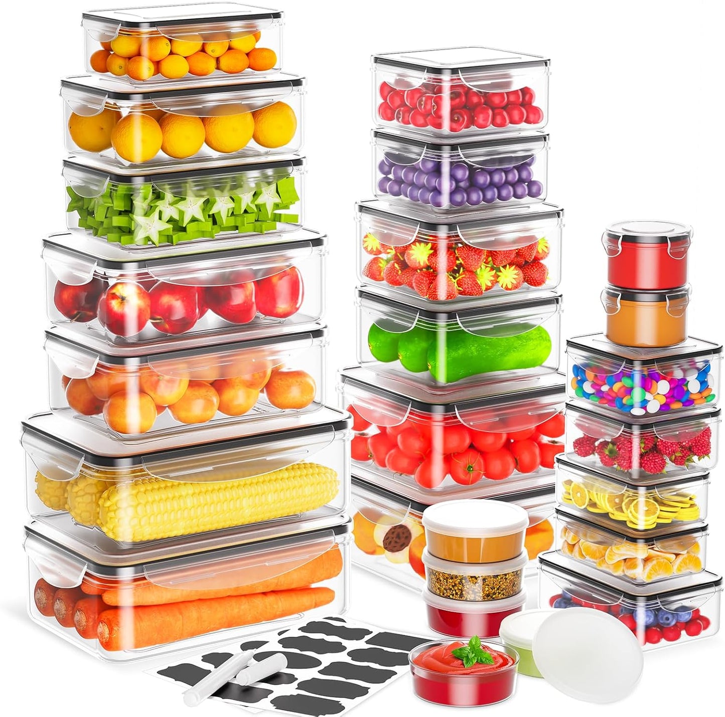 62 PCS Large Food Storage Containers with Lids Airtight (31 Lids &31 Containers) - Leakproof Meal-Prep Containers for Kitchen Storage Reusable Plastic Microwave/Dishwasher Safe with Labels & Pen