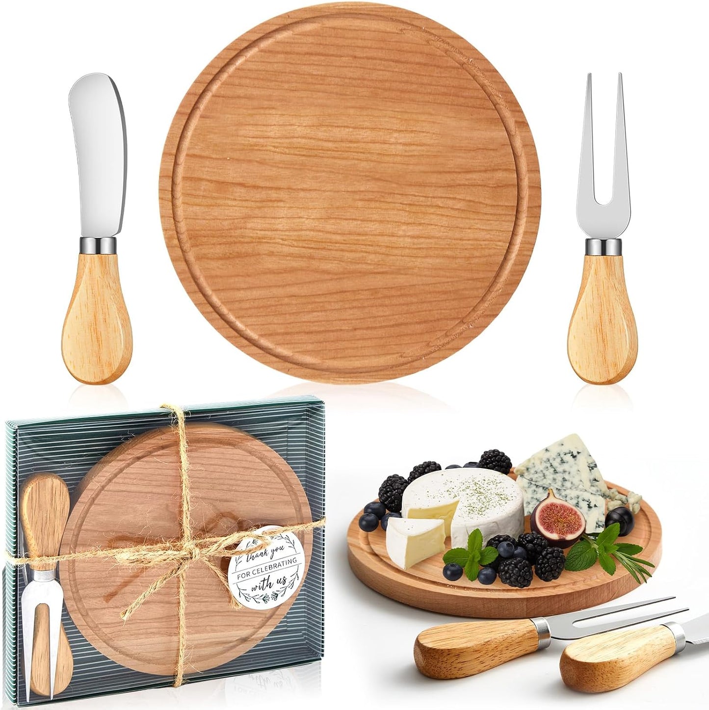 Maxcheck 6 Sets Baby Shower Bridal Game Prizes for Winners Round Cheese Board Set Wood Mini Charcuterie Board with Knives and Forks Thank You Card with Gift Box for Guests Wedding (Bamboo)