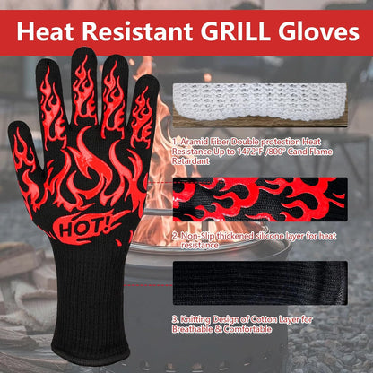 UBeesize Lengthen BBQ Gloves (Phoenix), 1472°F Heat Resistant Grill Glove, 14 inch Fireproof Oven Gloves for Cooking, Non-Slip Fire Glove for Grilling, Barbecue, Smoker, Baking, Frying
