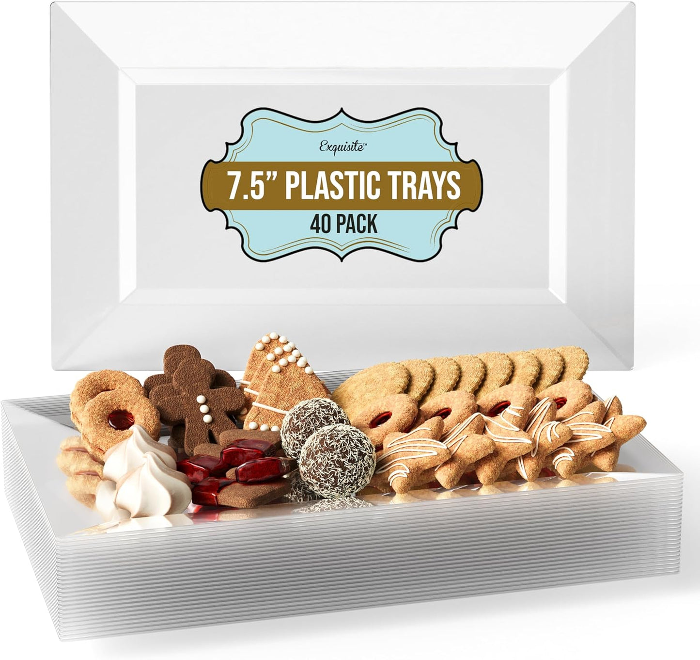 Exquisite Plastic Serving Trays For Party - 40 Pcs 7.5 Inch White Serving Platters, Plastic Trays For Food, White Tray, Food Tray Disposable Platters For Parties, Catering & Buffet